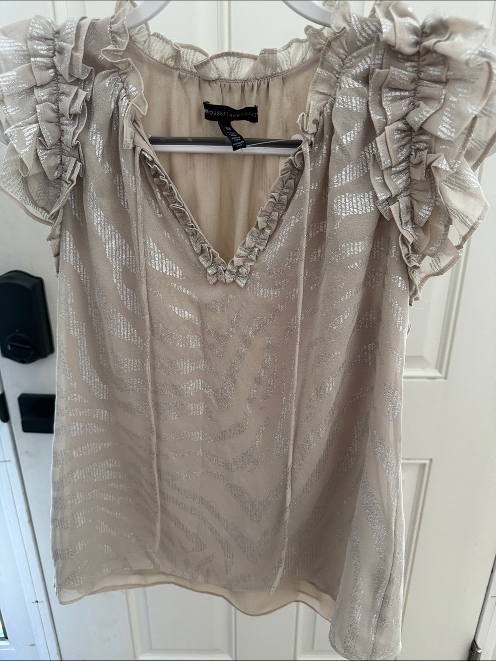 WHBM 1960 Metallic Beige Ruffle V-Neck Blouse
